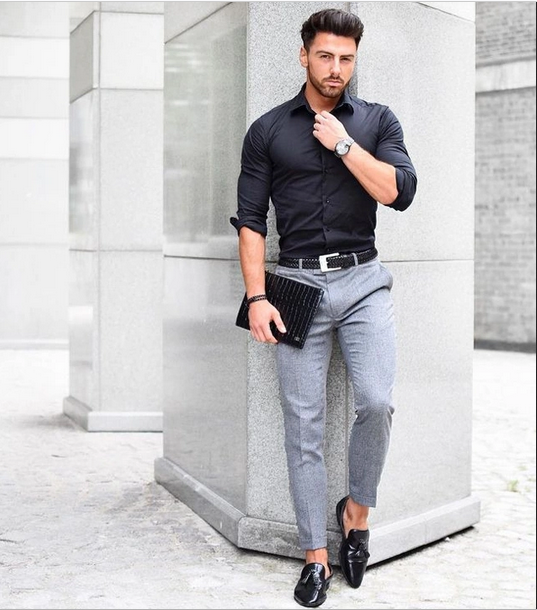 What to Wear With Grey Pants  Black shirt outfits, Black shirt