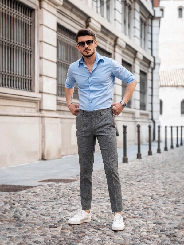Light Grey Long Sleeve Polo | Casual denim shirt, Mens outfits, Long sleeve  polo outfit