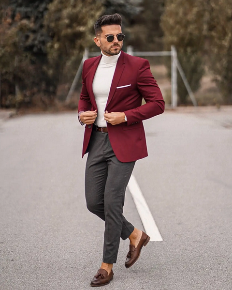 Maroon Blazer with White Shirt with and Grey Pant