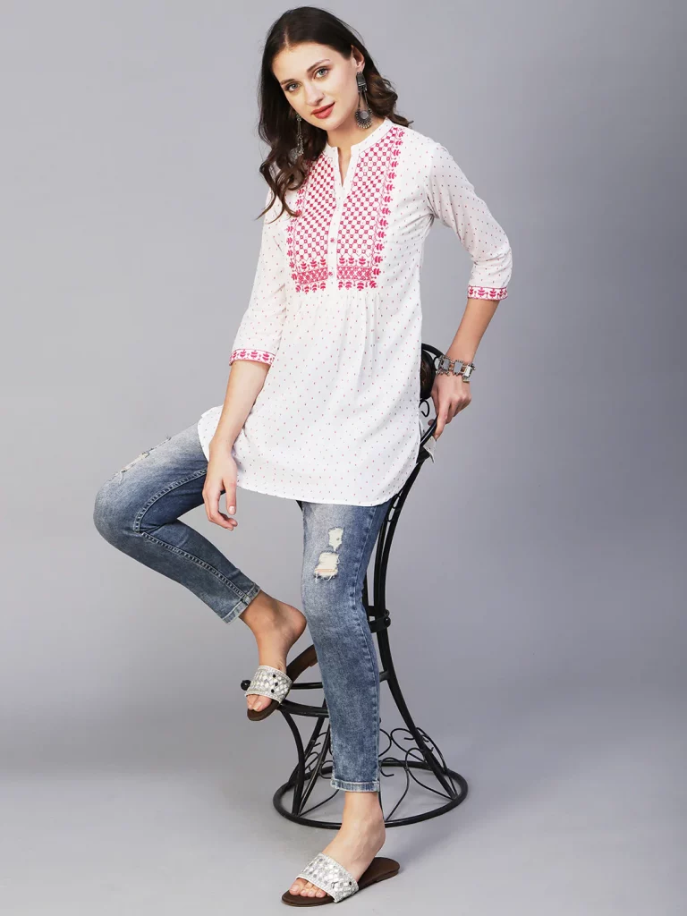 Buy White Embroidered Georgette Casual Kurti Online : 263138 -