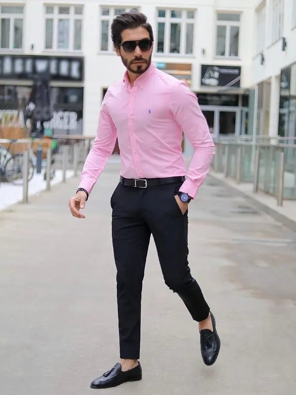 Pink shirts gray pants and brown accessories make for a good bolder   Pink shirt men Grey pants men Shirt outfit men